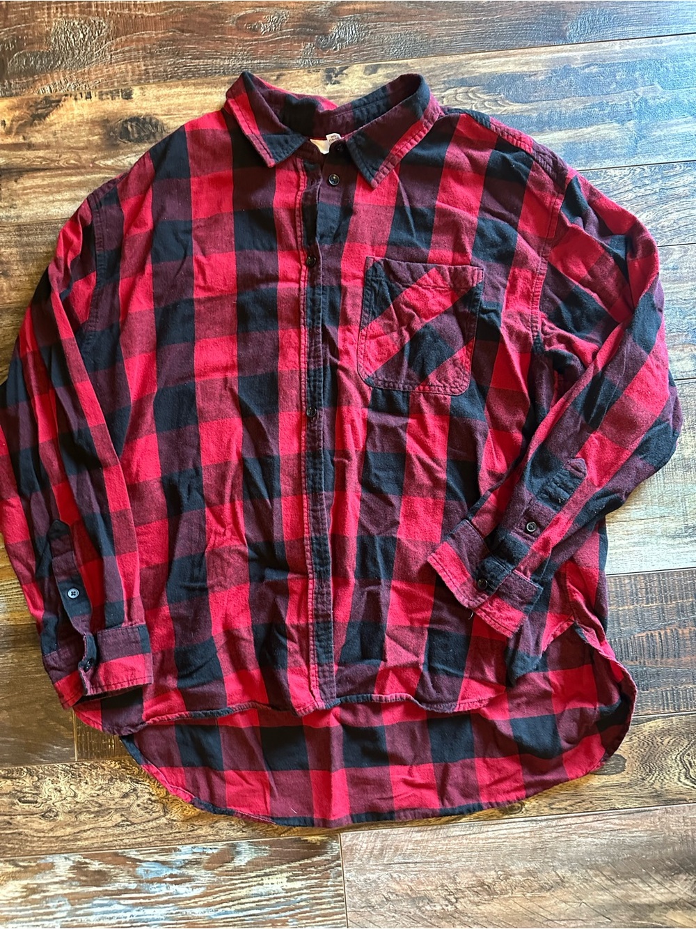 Time and Tru Red and Black Buffalo Plaid Button-Down Shirt